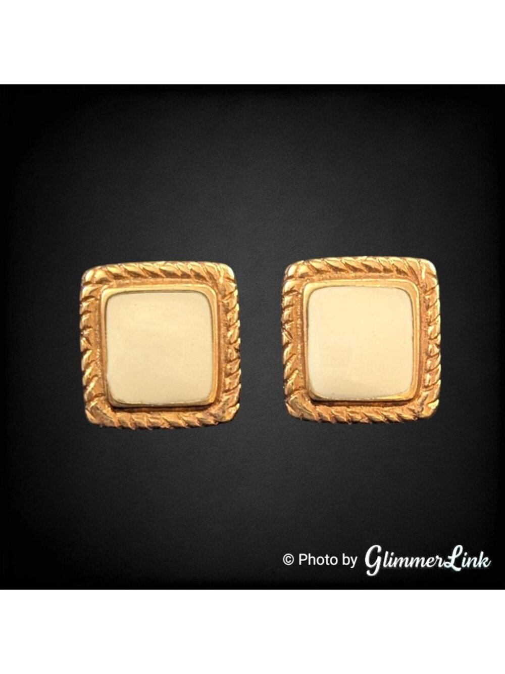 Vintage Gold Tone Cream Enamel Rope Border Square Stud Earrings